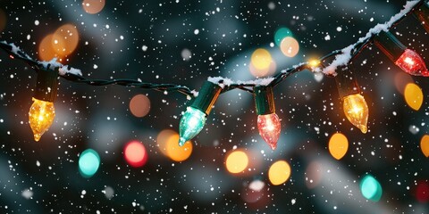 Wall Mural - nighttime snowfall illuminated by vibrant christmas string lights stock photo