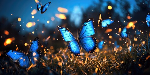 Wall Mural - realistic butterflies flying in circular formation over glowing field stock photo