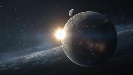 Wall Mural - Panoramic lunar eclipse in outer space with the moon, planet earth, and bright glowing sun against a cosmic star-filled background, celestial astronomy scene of eclipse phenomenon