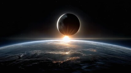 Wall Mural - Panoramic lunar eclipse in outer space with the moon, planet earth, and bright glowing sun against a cosmic star-filled background, celestial astronomy scene of eclipse phenomenon