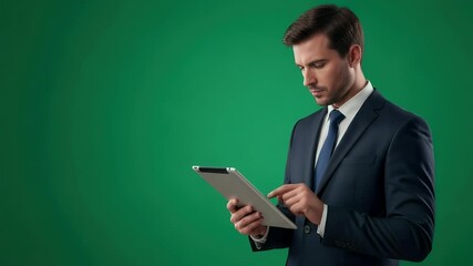 Businessman using tablet against green background