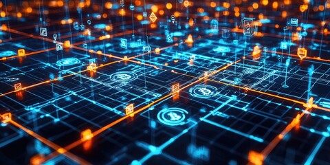 Wall Mural - blockchain digital grid with crypto symbols and pulsing nodes stock photo