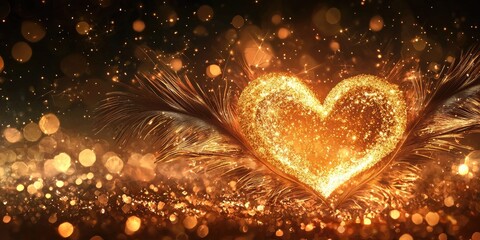 Wall Mural - twin feather heart forms rising, gold heart centerpiece glowing, surrounded by shimmering particles 