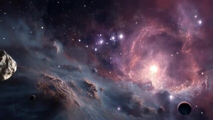 Wall Mural - Colorful nebula in deep outer space with glowing planets and distant galaxy, breathtaking cosmic background for astronomy, science fiction, and astrophotography design