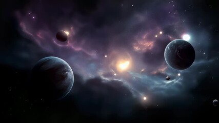 Wall Mural - Colorful nebula in deep outer space with glowing planets and distant galaxy, breathtaking cosmic background for astronomy, science fiction, and astrophotography design
