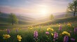 © Muhammad - Serene sunrise over blossoming meadow and rolling hills landscape view