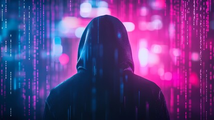 Anonymous hacker back view in hoodie surrounded by a network of glowing data