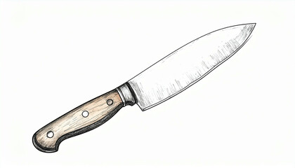 Hand-drawn illustration of a chef's knife, showing blade and wooden handle details.