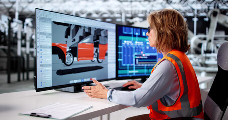 Expert Engineer Examining Electric Car Manufacture With Computer