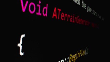 Closeup macro shot movement of coding script moving across LED screen with real-time AI-generated typing, showcasing advanced AI learning in optimization, debug and coding for software development.