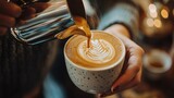 Barista pouring intricate latte art in a cozy coffee shop with warm wooden accents Stock photo --ar 16:9 --quality 2 --raw --v 6.1 Job ID: 4da216e4-dd7a-40c1-bf6b-6db93eb8c1e9