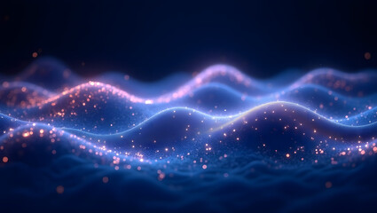 Wall Mural - abstract glowing particle waves over dark background.