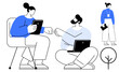 © robu_s - Professionals interacting through laptops and tablets, engaged in teamwork and networking. Ideal for collaboration, business, technology, remote work, communication, strategy growth. Simple flat