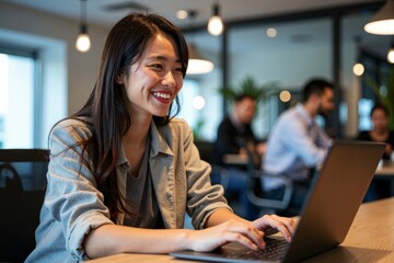 portrait of a young female app developer smiling and coding on laptop in a contemporary office, high