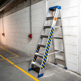 Safety step ladder with blue and yellow stripes in a well-lit garage environment
