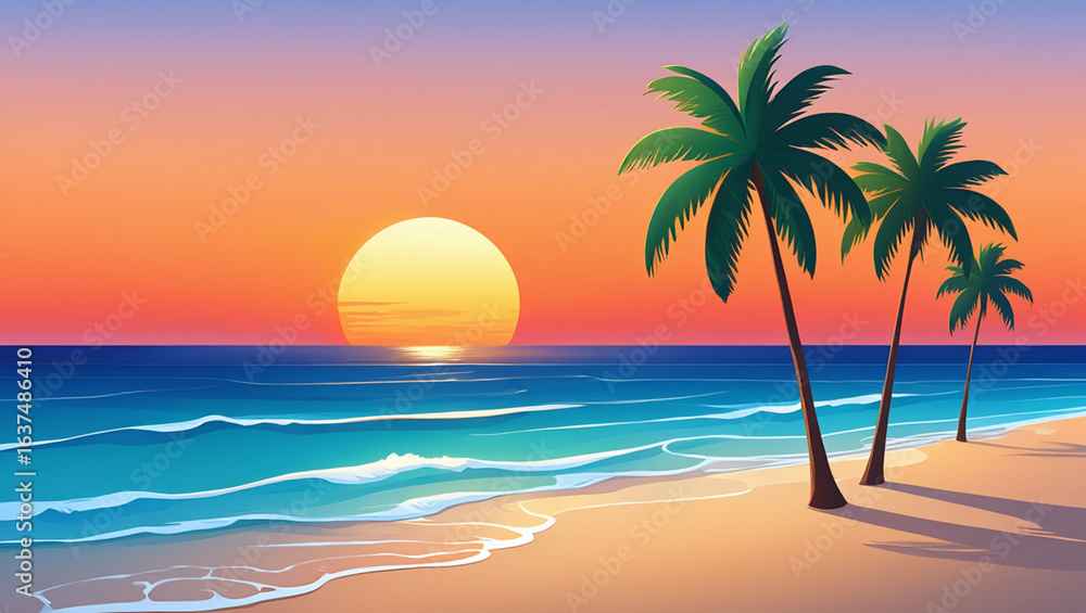 Tropical Sunset Serenity: A tranquil scene of a tropical beach at sunset, with palm trees silhouetted against a vibrant sky, invites viewers to immerse themselves in the peaceful moment. 