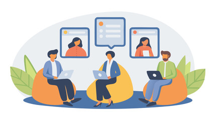 People in a virtual meeting with laptops sitting on beanbags with screens showing participants and message