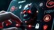 © Uncanny Valley 😱 - A user's finger triggering a cursed high-tech security system on a digital tablet screen — cyber-horror concept for data protection, corrupted privacy, and haunted encryption