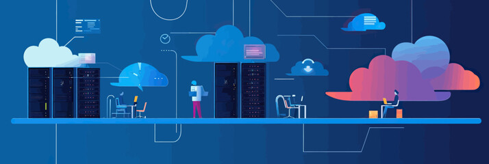 Cloud computing network with data center servers, business people working with laptops and tablets, digital technology and cloud storage concept illustration in flat style