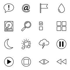 Art of set of interface icons isolated on white background, including multimedia, search, and communication symbols for web design and application development