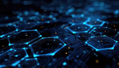 Abstract digital hex grid, glowing blue circuits