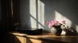 © 8 - Sunlight streams into a room, illuminating a wooden shelf with a black audio device and a vase of pink flowers