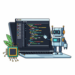 Robot programmer learning code on laptop with CPU chip and plant, showcasing tech innovation