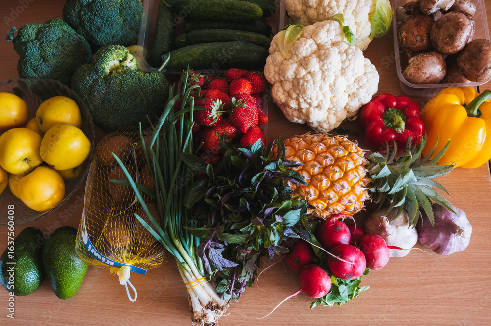 Local Items a set of various food items brought from the local market and laid out ...