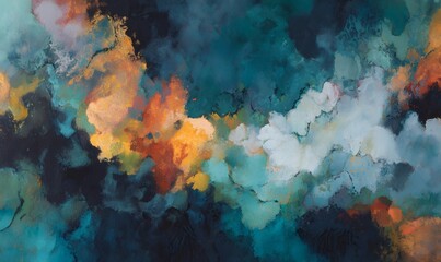 Wall Mural - an abstract painting, dark colours, teals with oranges, dark blues