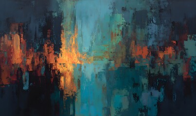 Wall Mural - an abstract painting, dark colours, teals with oranges, dark blues