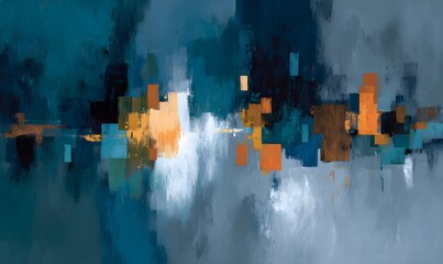 Wall Mural - an abstract painting, dark colours, teals with oranges, dark blues