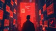 © Sami - Man standing before a red digital interface with floating windows and warning signs displayed