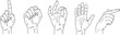 © Hasem Creative - Hand gesture illustration set, outline hands showing signs, finger pointing, OK symbol, fist, open palm, vector line drawing for communication concepts