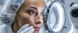 © Наталья некрасова - Generative AI. Female skincare specialist examining facial skin under magnifying lamp in a professional beauty clinic, showcasing attention to detail and skincare expertise