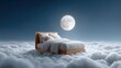 © Luvencia - A serene bed floats among clouds under a full moon, evoking a dreamlike atmosphere of tranquility and wonder.