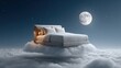 © Luvencia - A surreal scene depicting a bed floating on clouds under a starry sky with a bright moon, evoking a dreamy, tranquil atmosphere.