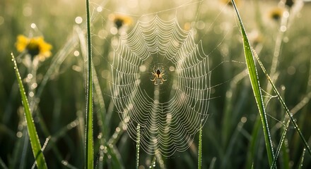 Spider in Dew-Kissed Web Amidst Greenery and Yellow Flowers