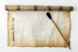 © Sunny_Hare - Japanese calligraphy brush next to blank rice paper scroll, minimal white background, traditional zen art scene.