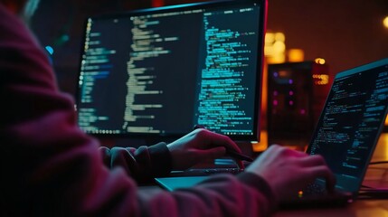 A person working with a laptop and computer monitor displaying programming code lines in a dark room