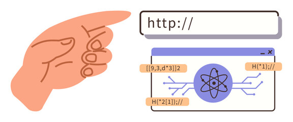 Hand gesture highlighting a URL bar and a software interface showing an atom graphic with computational elements. Ideal for technology, innovation, programming, education, communication, research