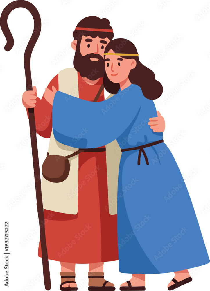 Biblical shepherd man and woman embracing in traditional robes vector ...