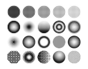 Wall Mural - Circle halftone. Black dot radial and linear gradients with various patterns, distortions, optical illusions, movement effects. Comic book pop art elements for posters. Vector halftones
