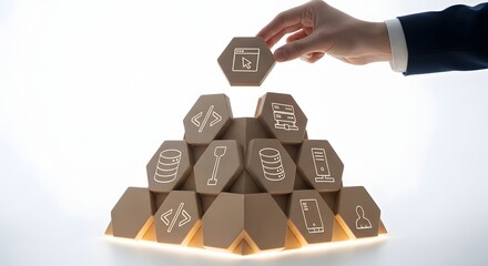 strategic information technology development concept with a hand placing the final piece on a pyrami