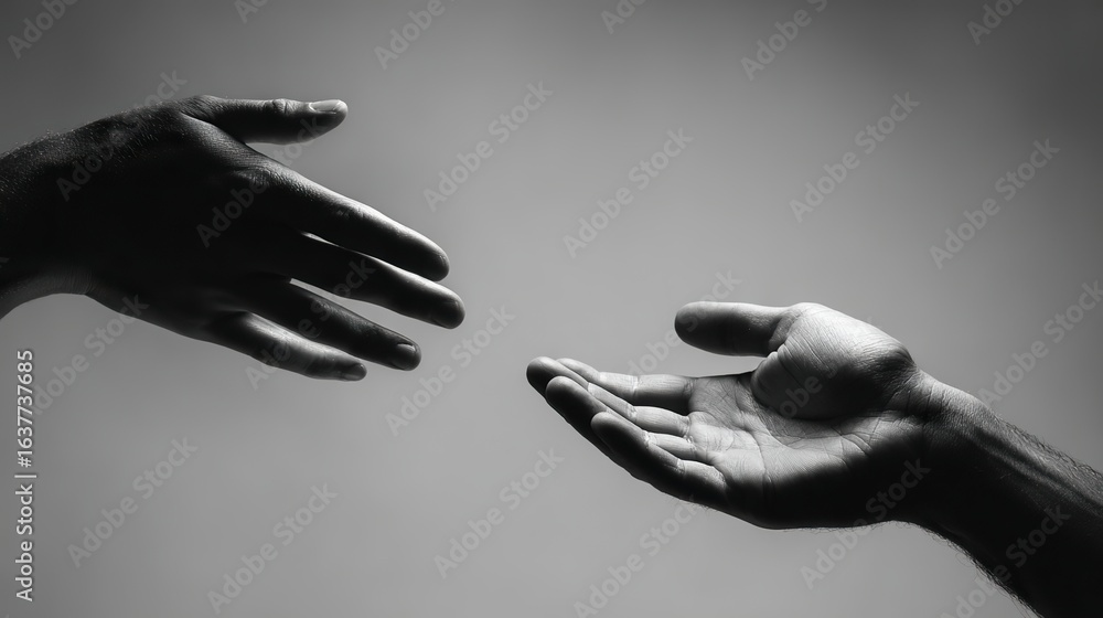 Black and white photo of two hands reaching toward each other on grey ...