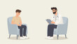 © Dealovaliandra - vector illustration of a young man consulting a specialist doctor for illness