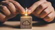 © Tri - Concept of business startup and cloud computing. Hands launch a miniature rocket from a wooden block with a cloud icon, symbolizing new technology deployment and growth