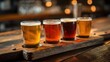 © Generative AI - Craft Beer Flight on Wooden Tray: Tasting a Variety of Beers at a Brewery