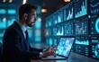© nian - Businessman data analyzing digital graphs, charts, and marketing big data with futuristic holograms, data-driven decisions. Great for financial reports,. High quality