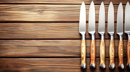 Set of stainless steel kitchen knives arranged on a rustic wooden background displaying culinary