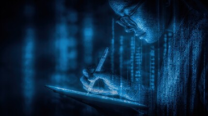 digital artist creating futuristic artwork on tablet with stylus, immersed in technology and creativ